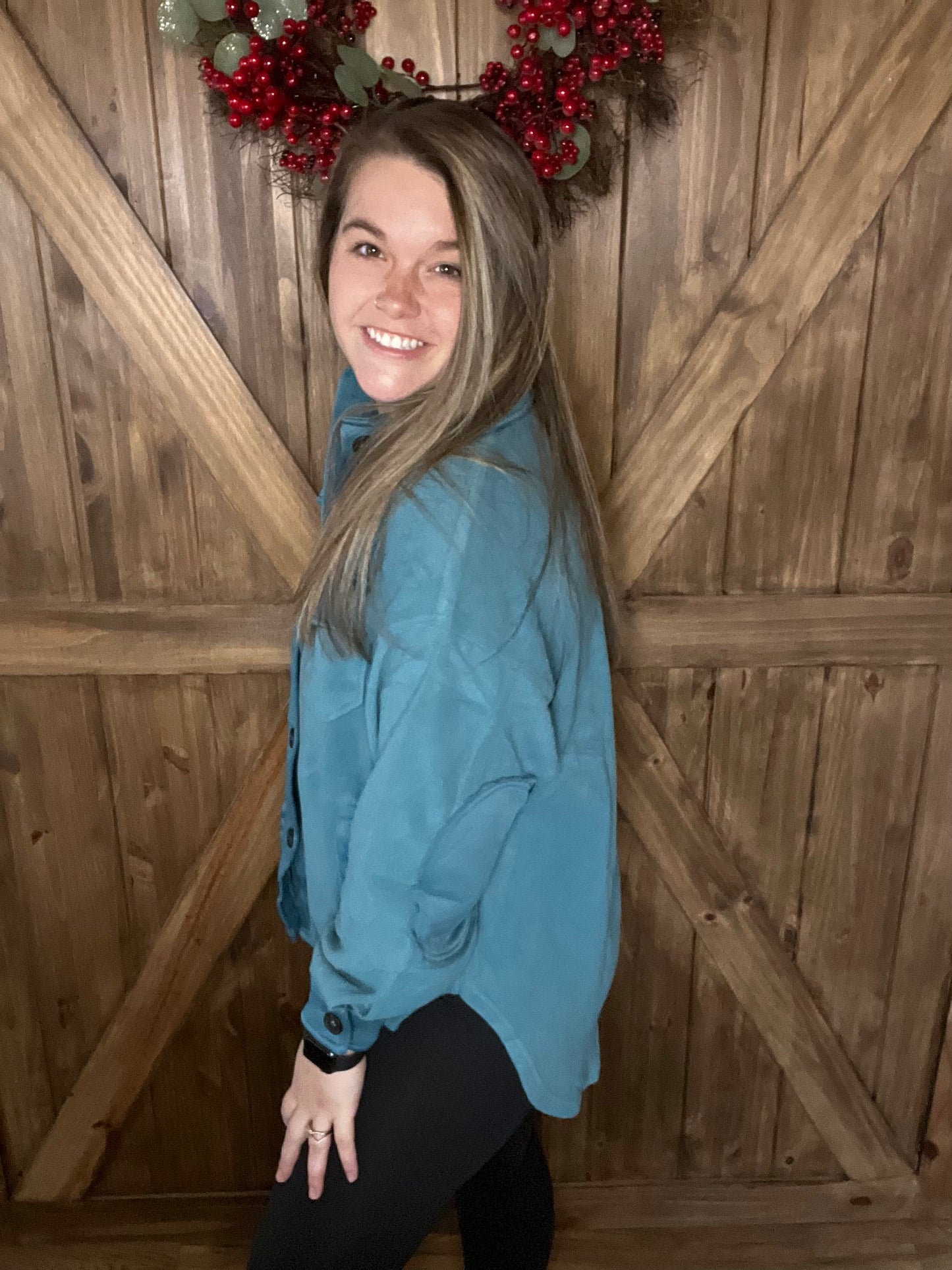 Zenana Oversized Fleece Shacket Teal