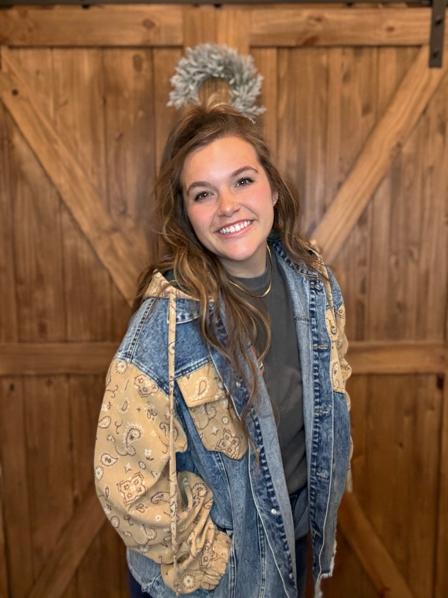 Denim Bandana Patchwork Jacket – Oversized Denim Jacket with Bandana Sleeves – Boutique Women’s Jacket