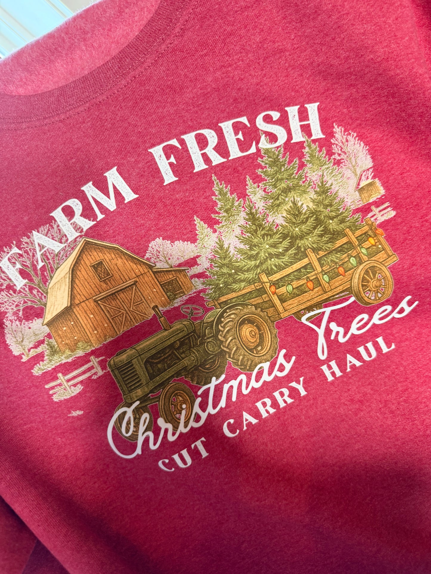 Farm Fresh Christmas Trees Crewneck | Vintage Barn Tractor Sweatshirt | Cozy Holiday Pullover