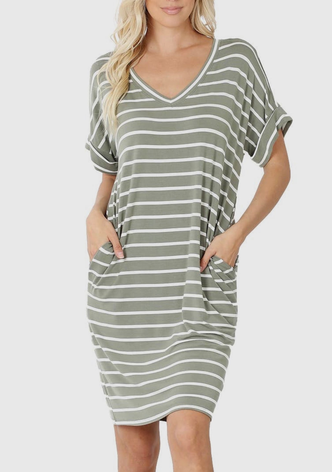 Rolled Sleeve V Neck Pocket Dress
