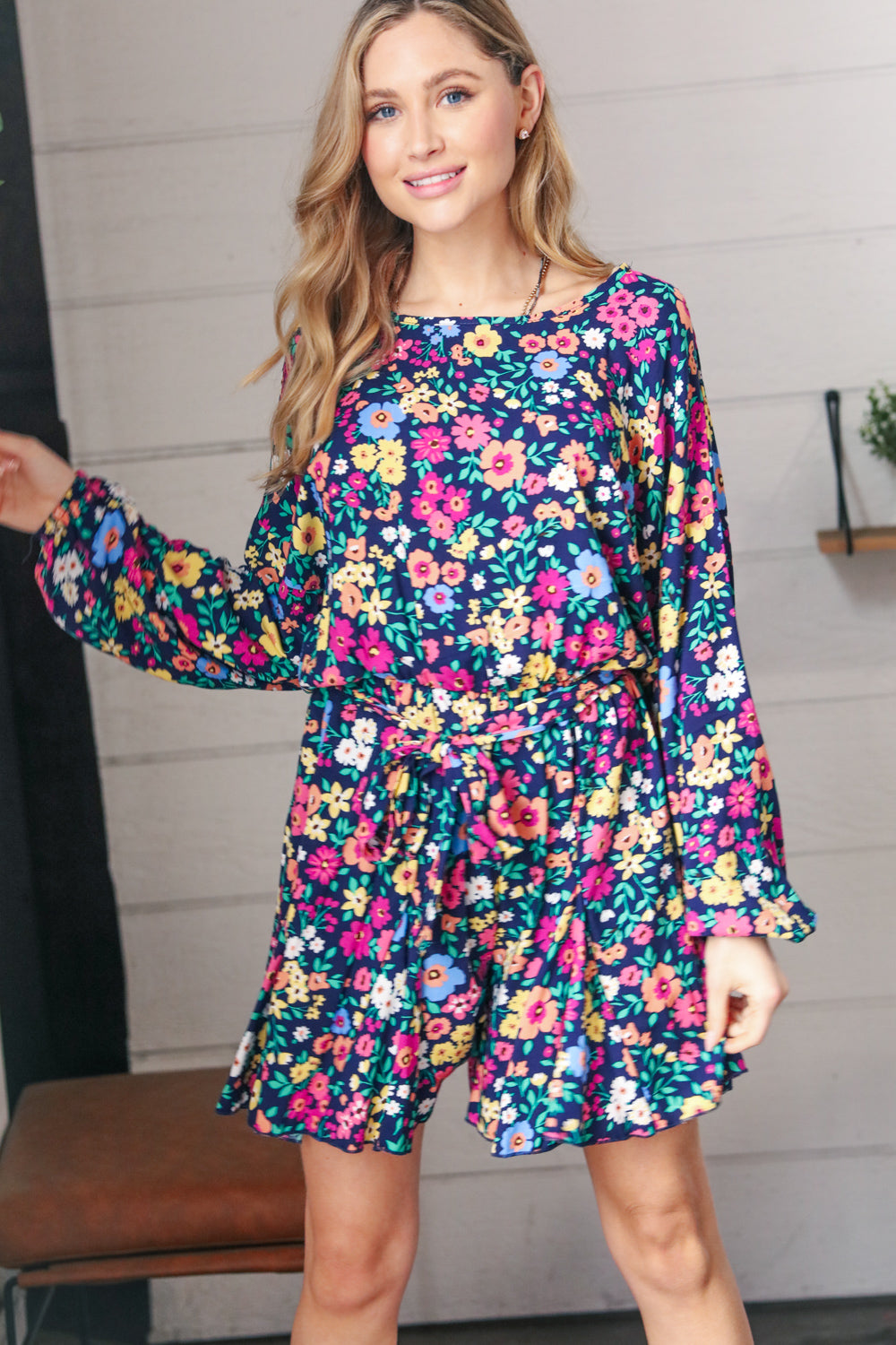 Navy Floral Challis Woven Romper