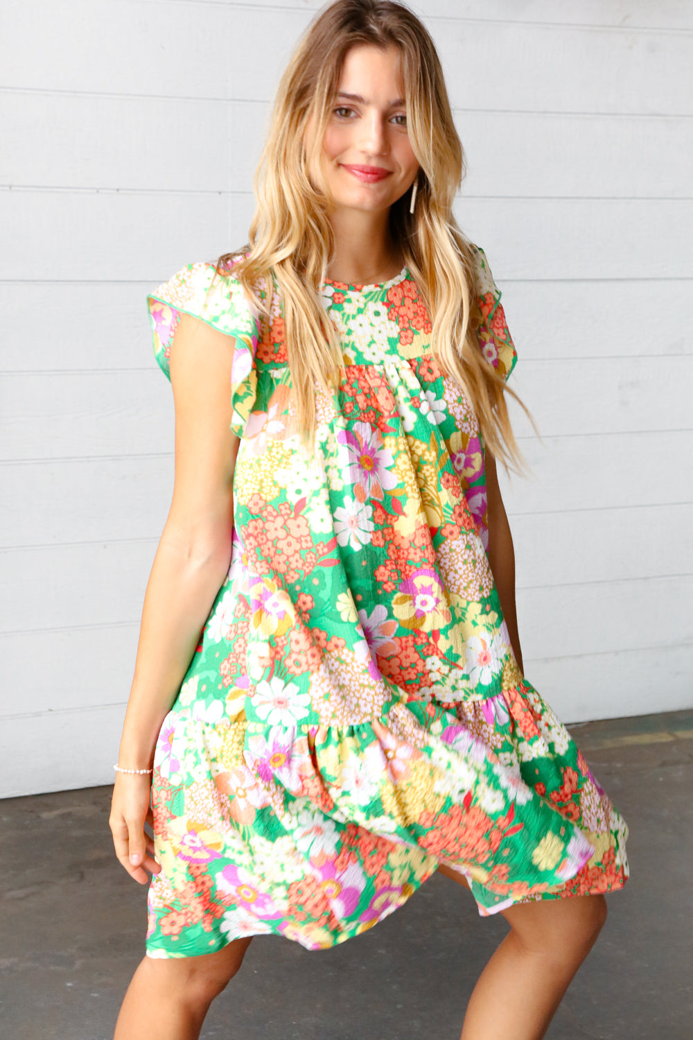 Kelly Green Floral Yoke Woven Gauze Dress