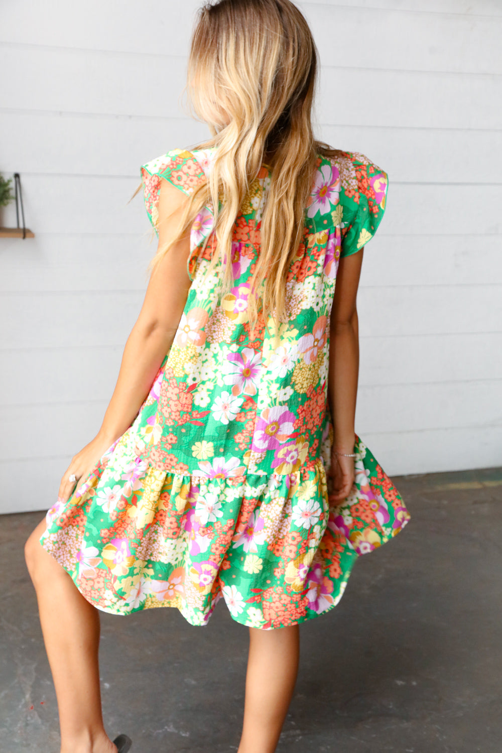 Kelly Green Floral Yoke Woven Gauze Dress