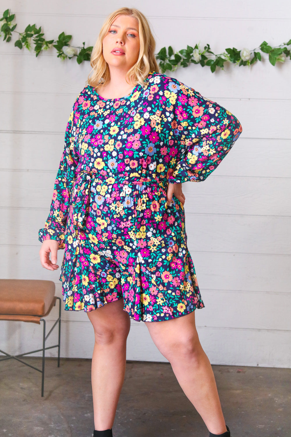 Navy Floral Challis Woven Romper