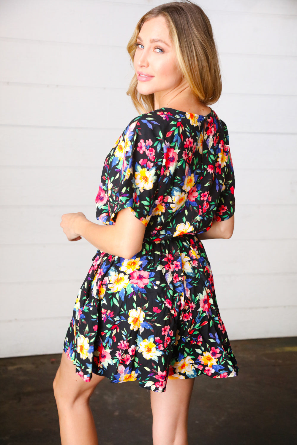 Multicolor Floral Surplice Short Sleeve Pocketed Romper