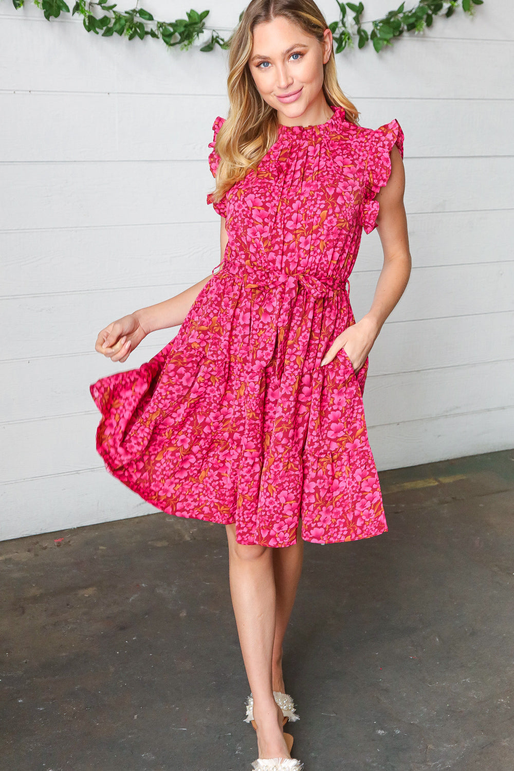 Magenta Floral Waist Tie Ruffle Frill Dress with Pockets