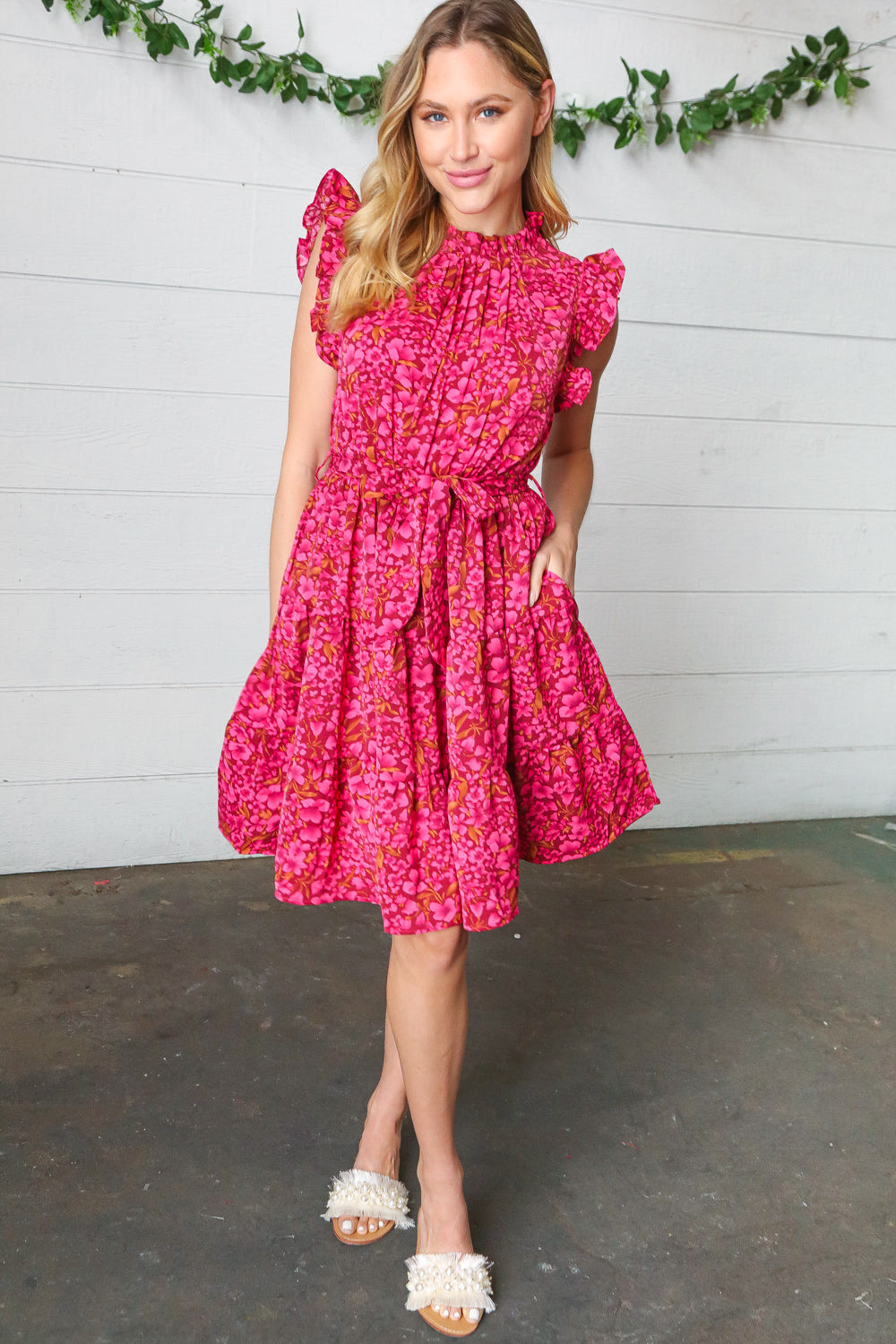 Magenta Floral Waist Tie Ruffle Frill Dress with Pockets