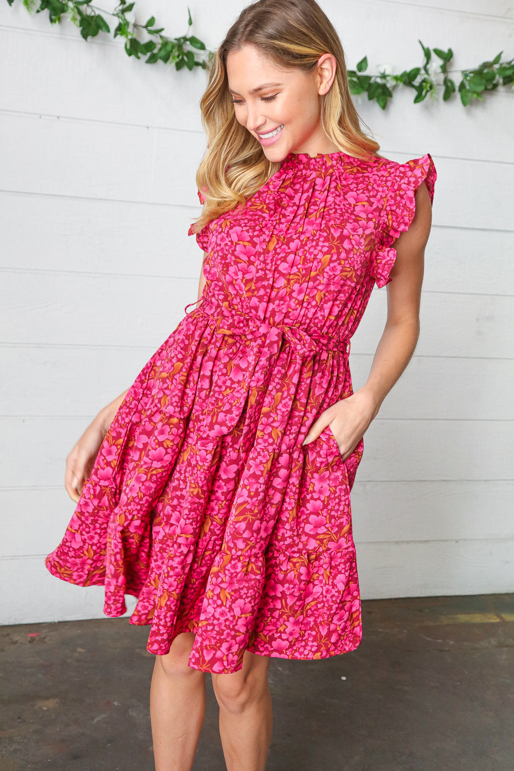 Magenta Floral Waist Tie Ruffle Frill Dress with Pockets