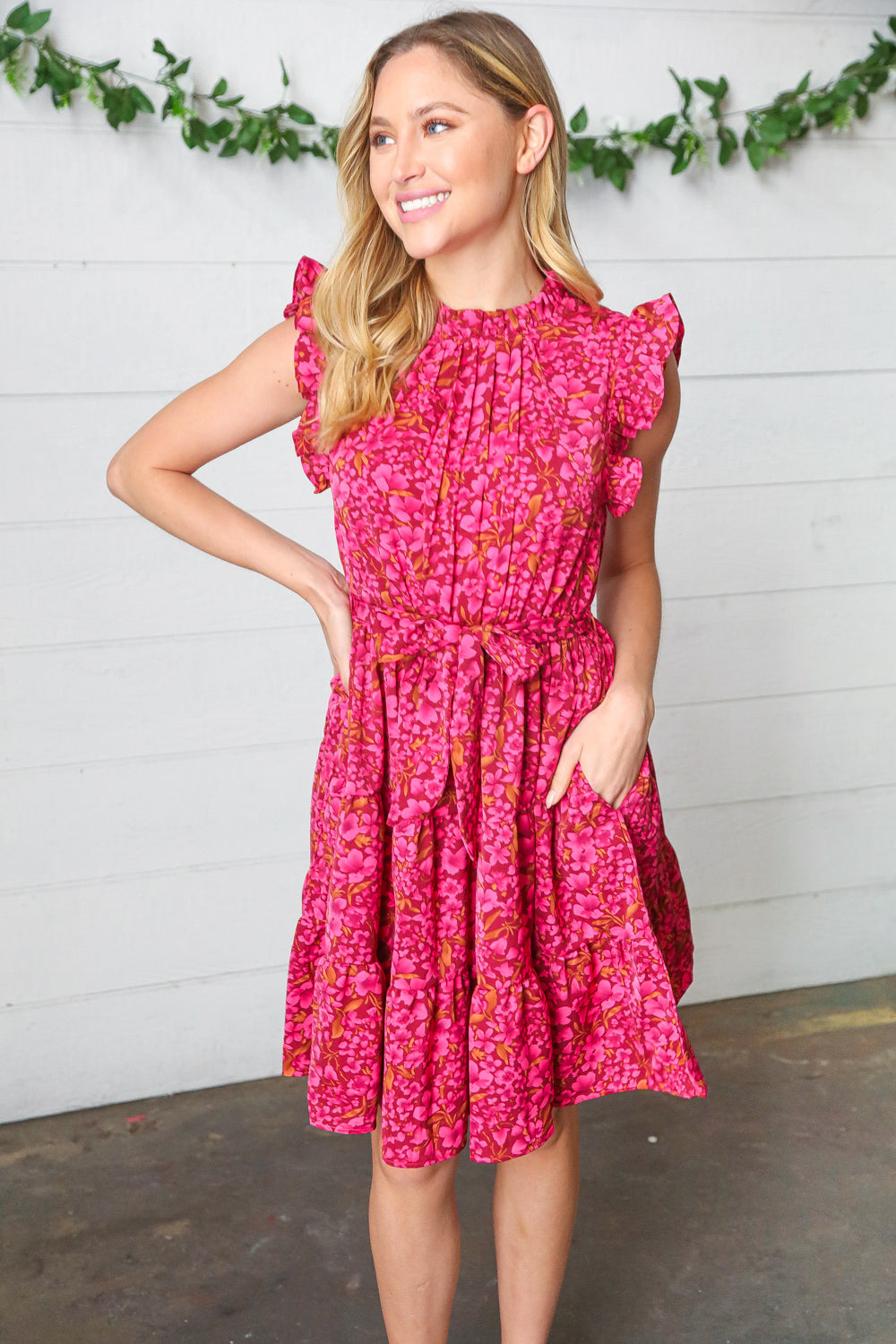 Magenta Floral Waist Tie Ruffle Frill Dress with Pockets