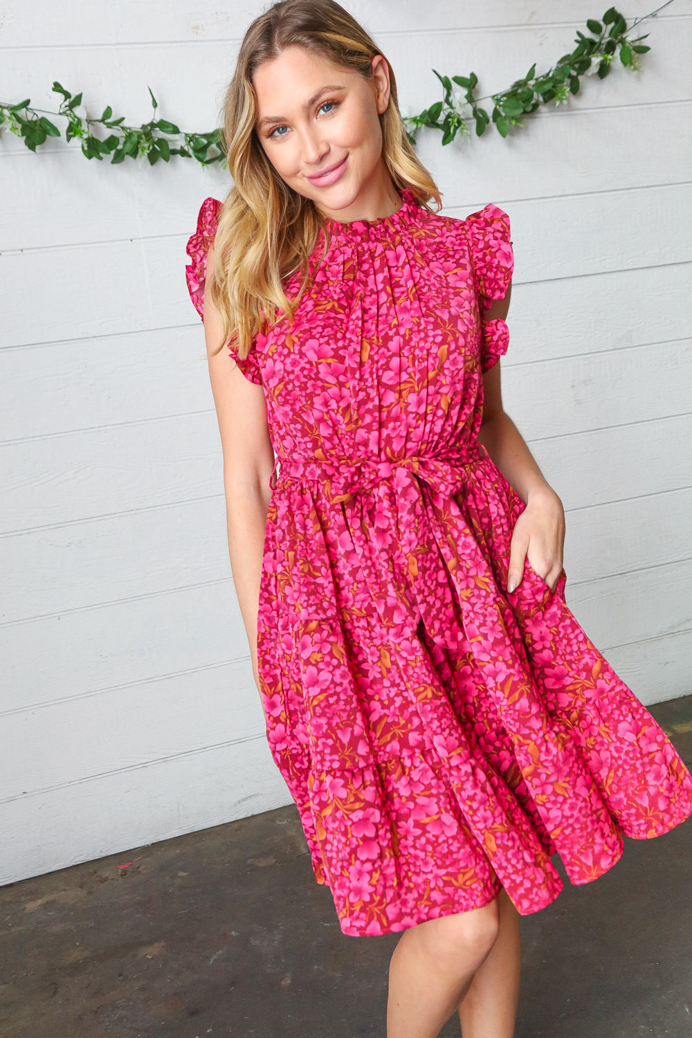 Magenta Floral Waist Tie Ruffle Frill Dress with Pockets