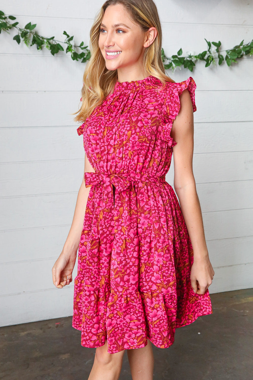 Magenta Floral Waist Tie Ruffle Frill Dress with Pockets