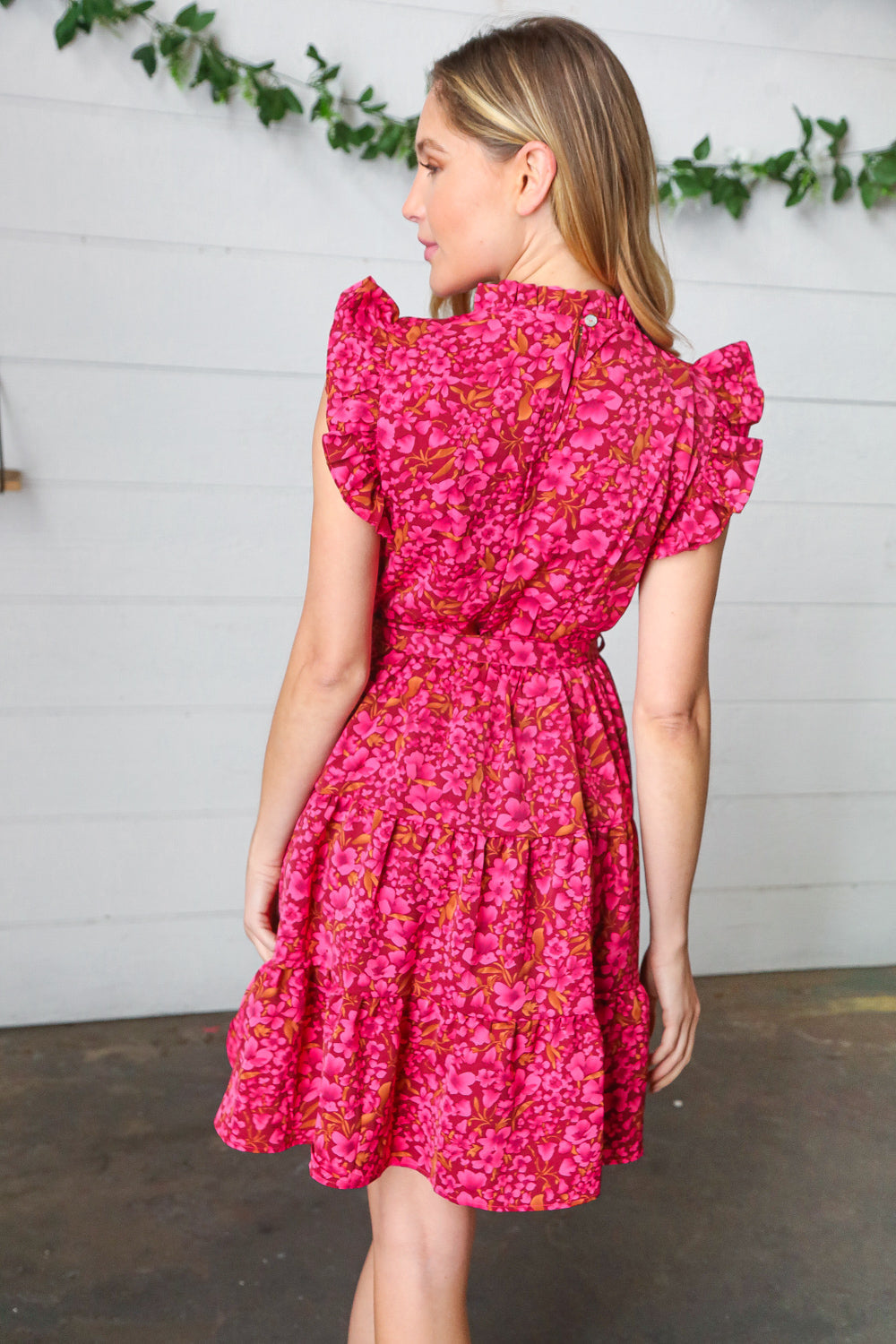 Magenta Floral Waist Tie Ruffle Frill Dress with Pockets