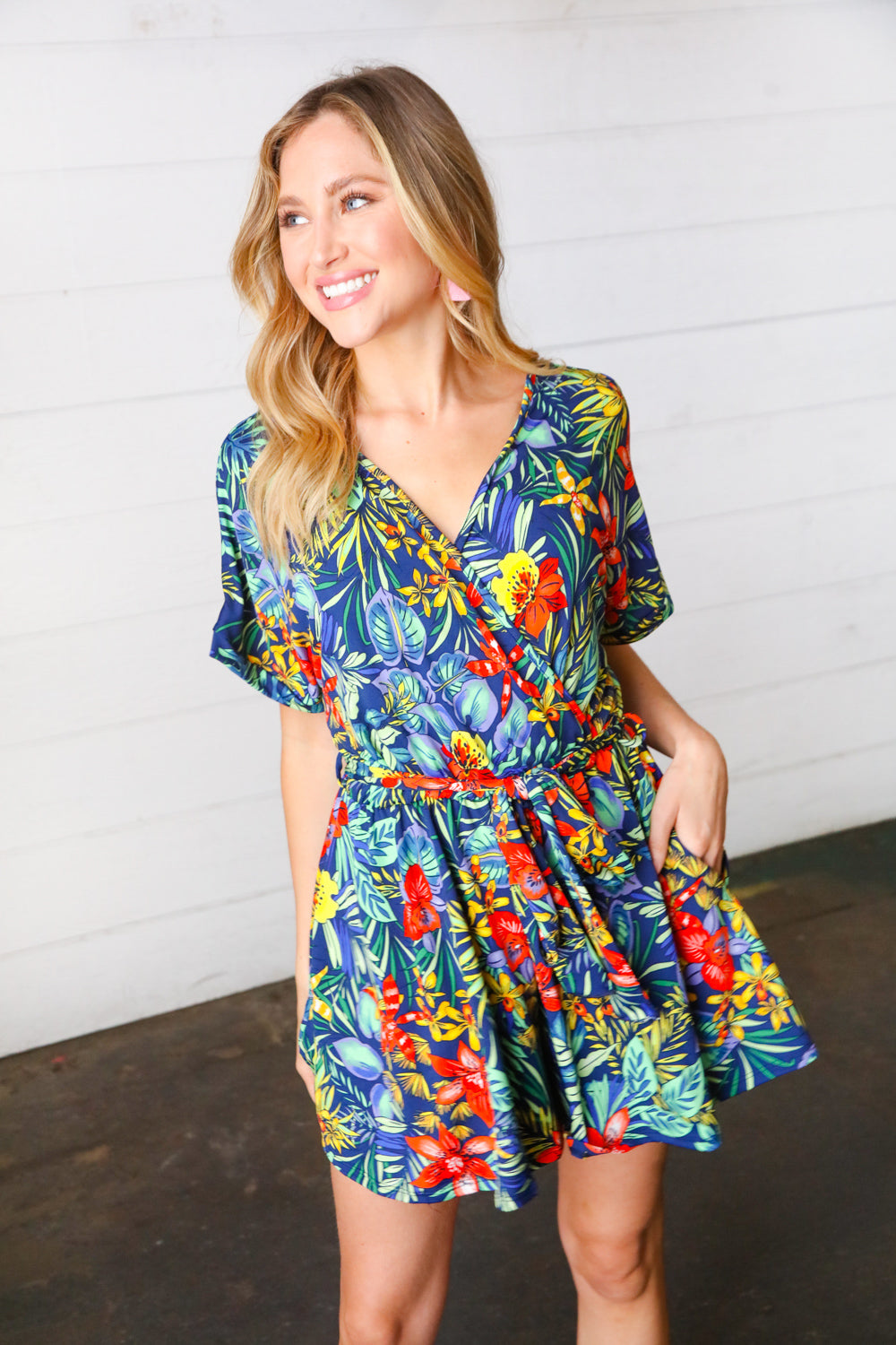 Navy Tropical Floral Surplice Romper