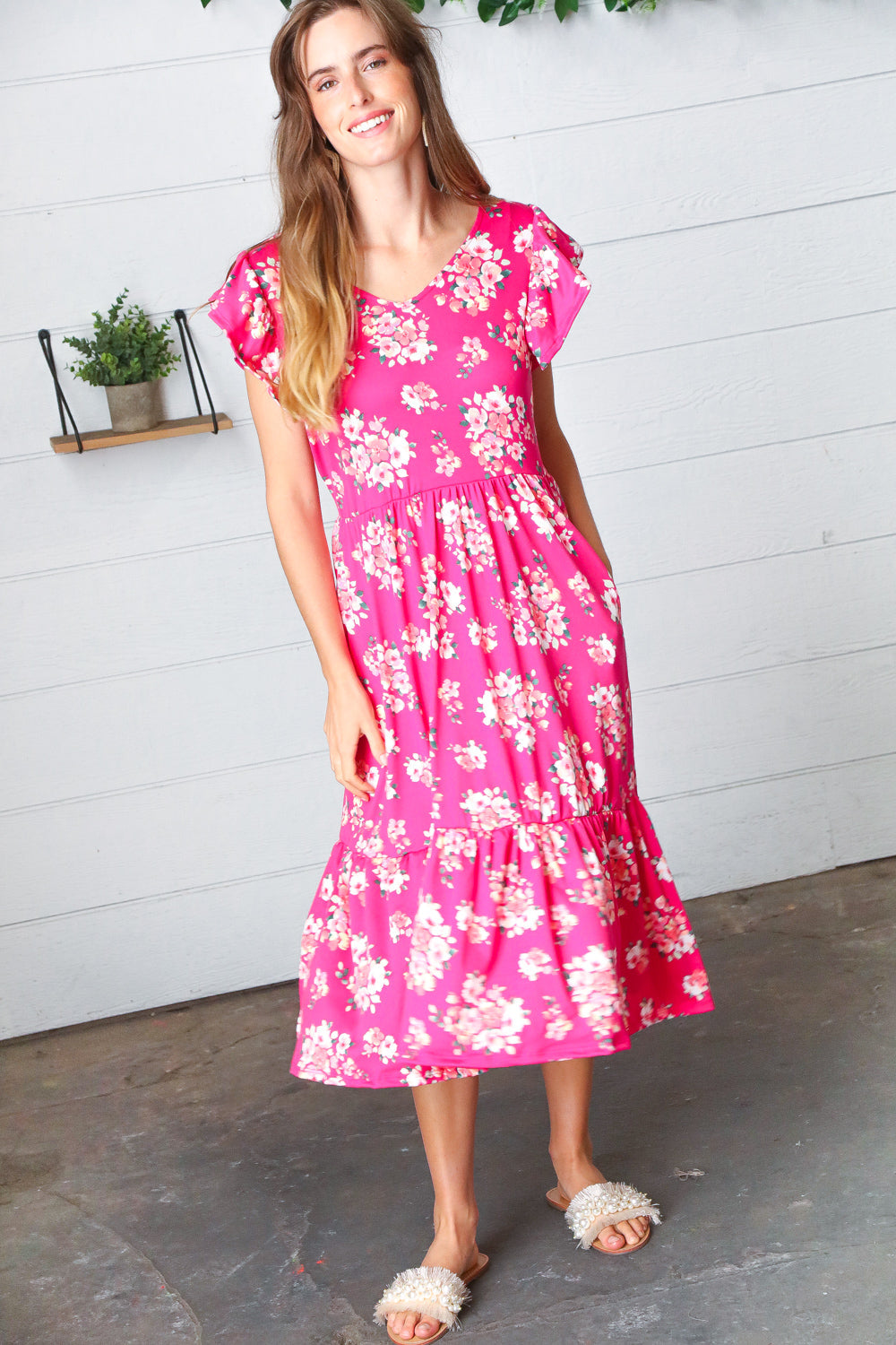 Fuchsia Floral Elastic Waist Fit and Flare Ruffle Midi Dress