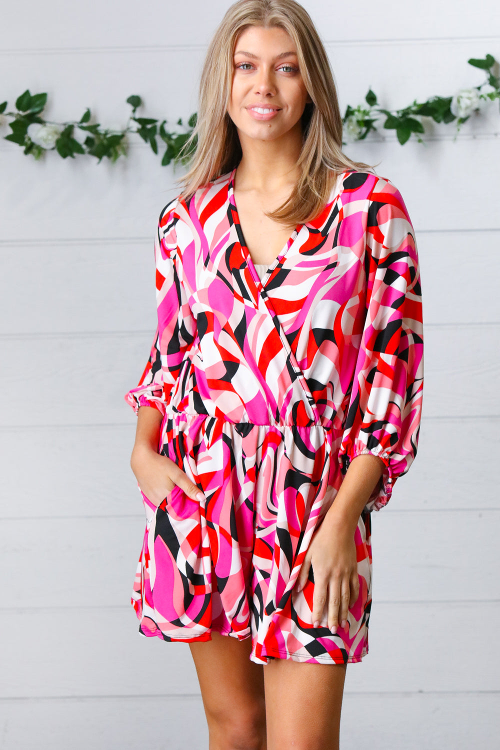 Magenta & Cherry Red Geometric Surplice Romper