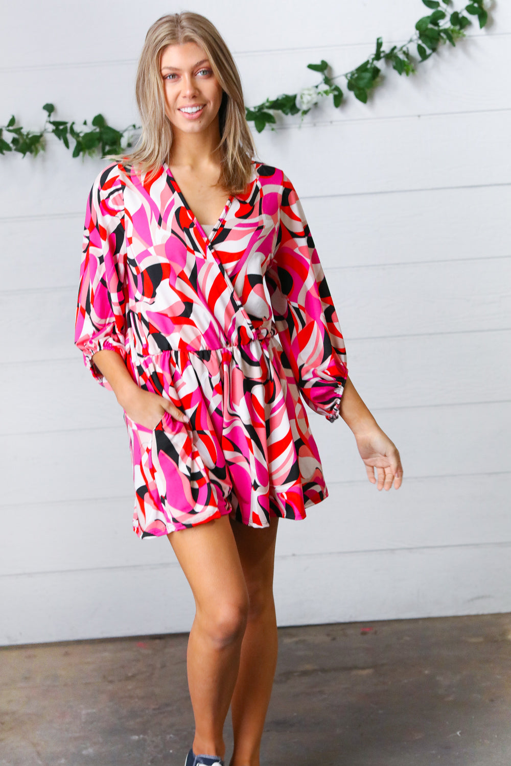 Magenta & Cherry Red Geometric Surplice Romper