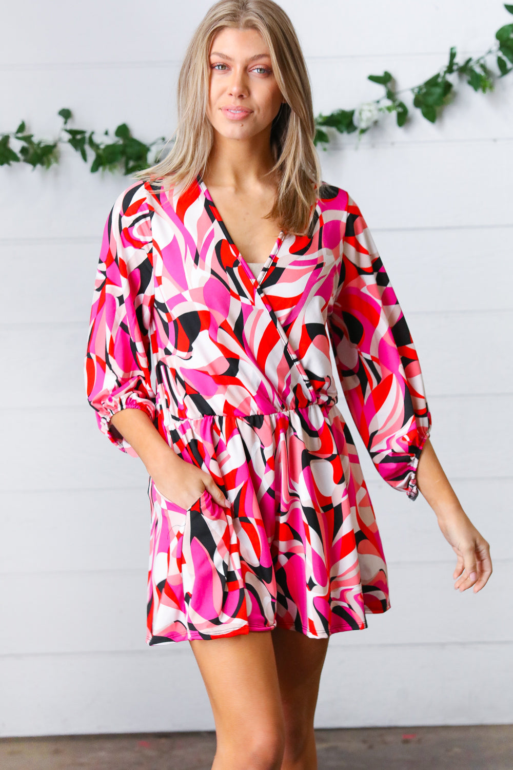 Magenta & Cherry Red Geometric Surplice Romper