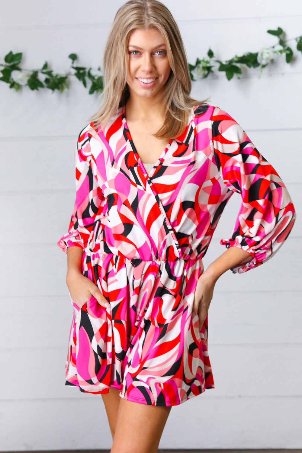 Magenta & Cherry Red Geometric Surplice Romper