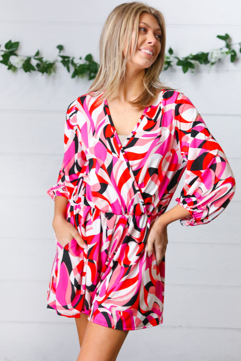 Magenta & Cherry Red Geometric Surplice Romper