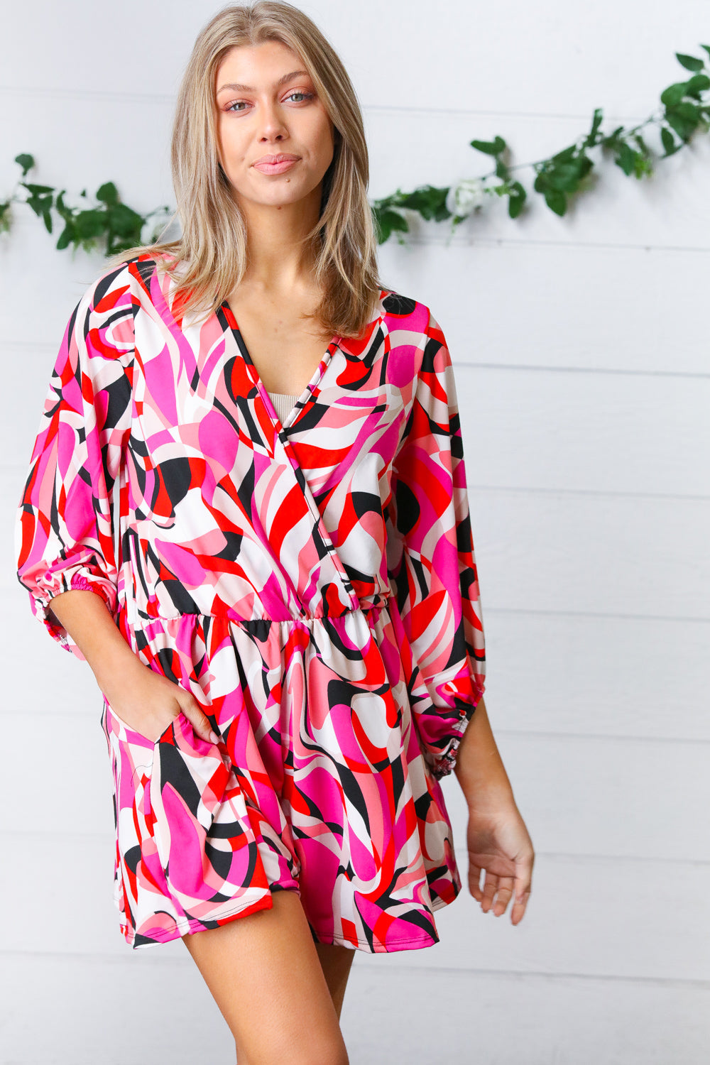 Magenta & Cherry Red Geometric Surplice Romper