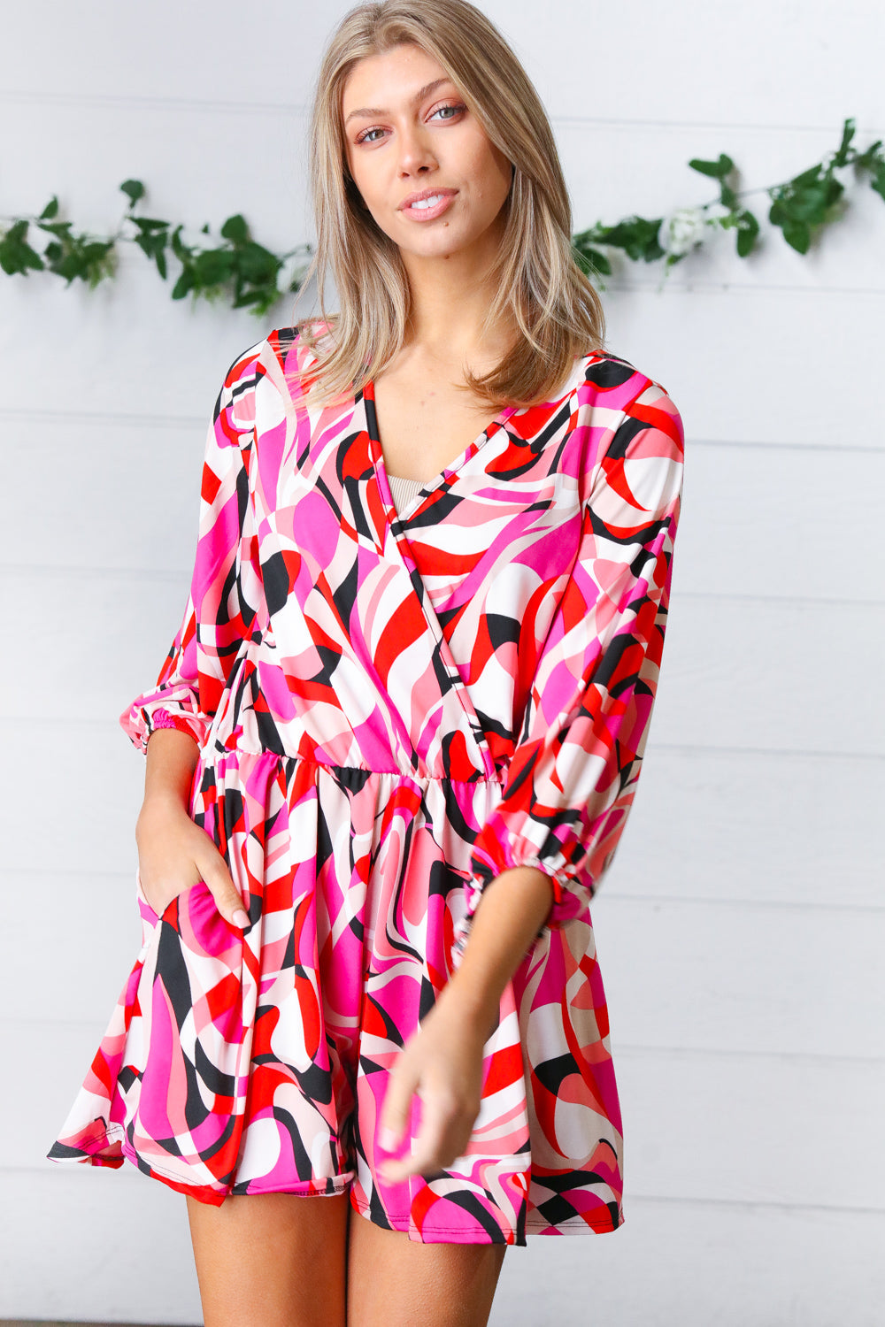 Magenta & Cherry Red Geometric Surplice Romper