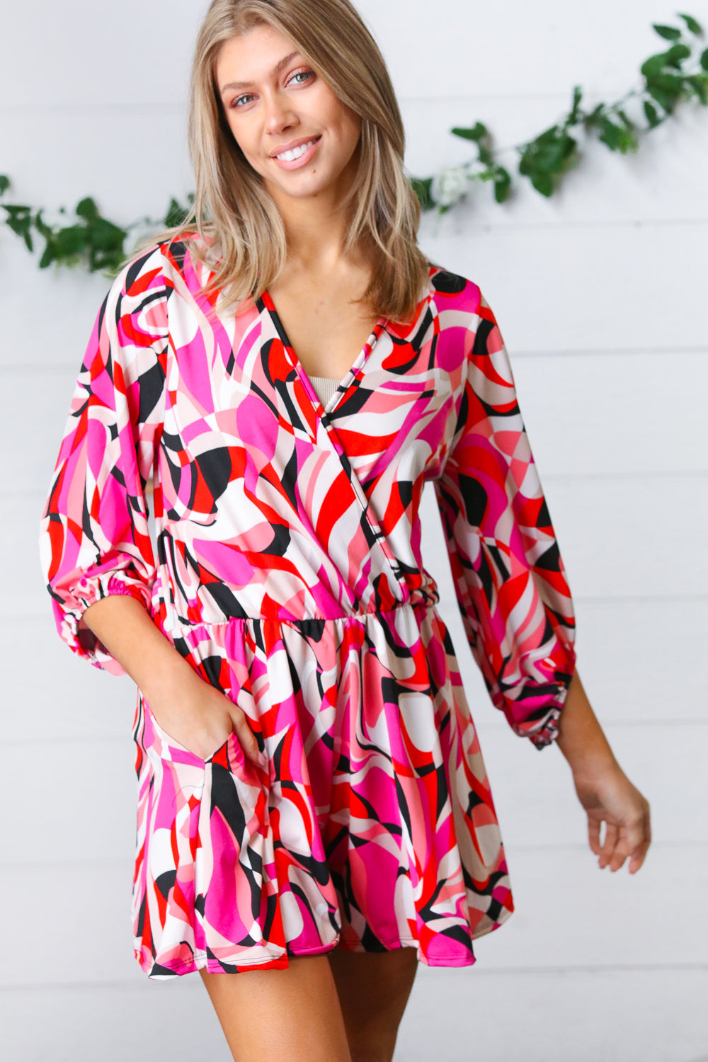 Magenta & Cherry Red Geometric Surplice Romper