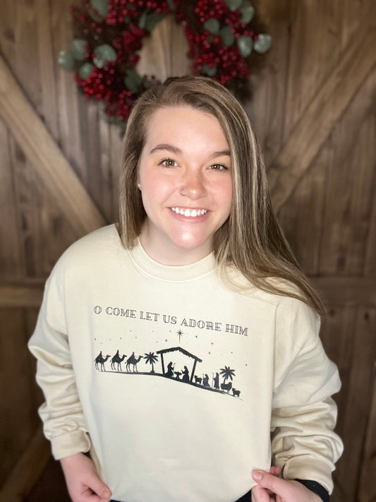 O Come Let Us Adore Him Nativity Crewneck Sweatshirt | Christian Christmas Sweatshirt | Neutral Faith Sweatshirt