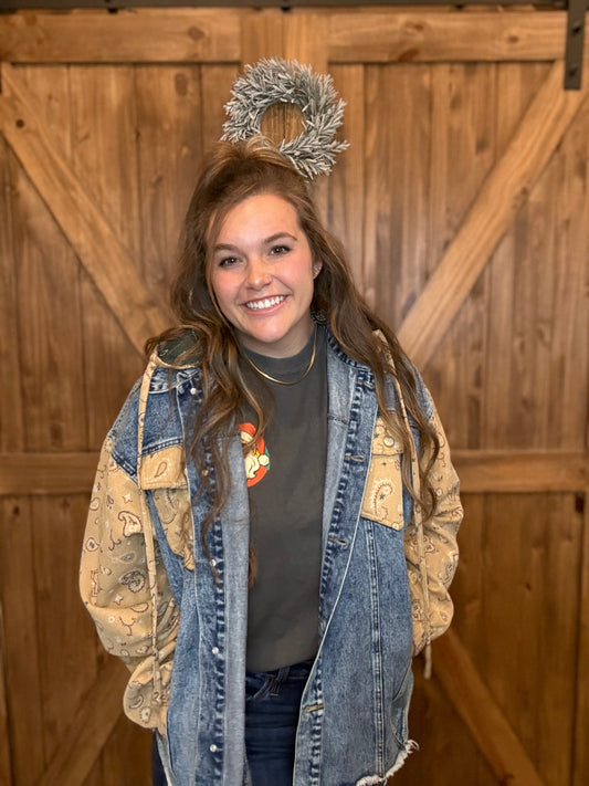 Denim Bandana Patchwork Jacket – Oversized Denim Jacket with Bandana Sleeves – Boutique Women’s Jacket