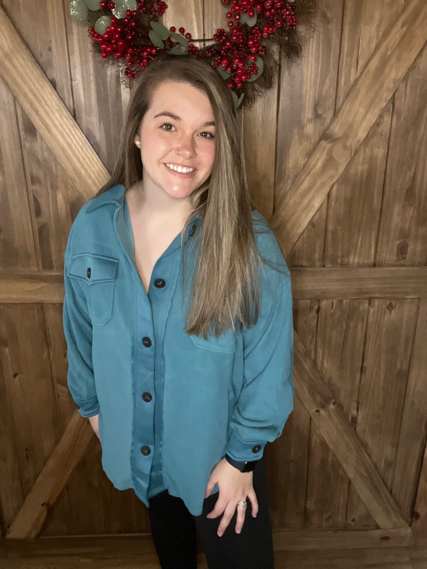 Zenana Oversized Fleece Shacket Teal