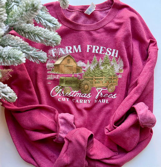 Farm Fresh Christmas Trees crewneck – vintage tractor barn graphic on cranberry sweatshirt