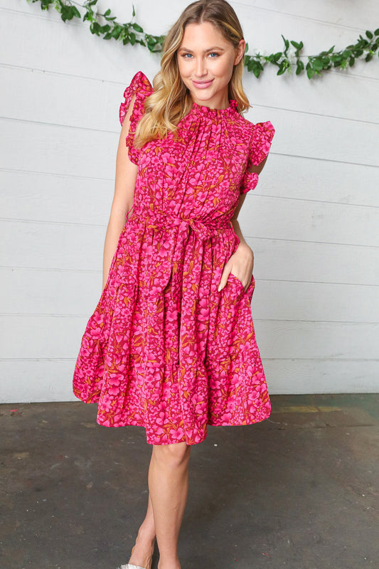 Magenta Floral Waist Tie Ruffle Frill Dress with Pockets