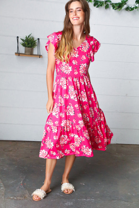 Fuchsia Floral Elastic Waist Fit and Flare Ruffle Midi Dress