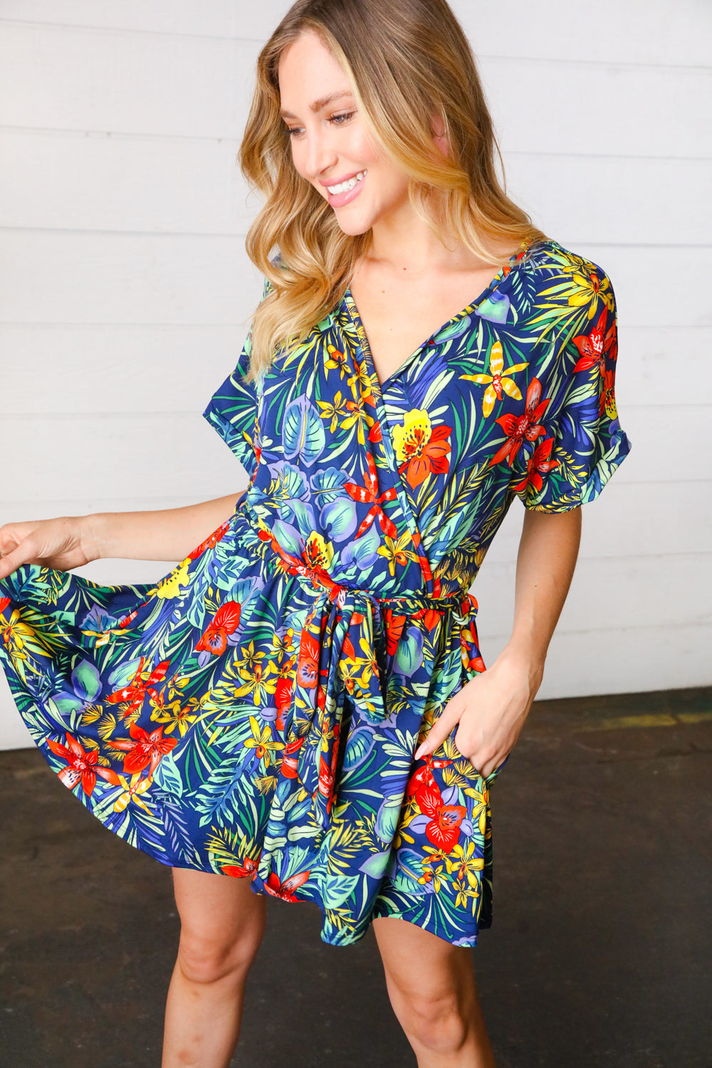 Navy Tropical Floral Surplice Romper