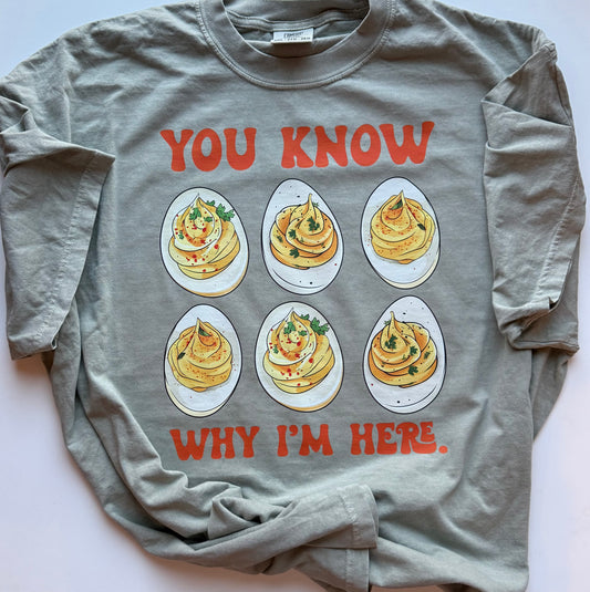 You Know Why I’m Here Deviled Egg Shirt | Funny Food Graphic Tee | Potluck Humor Shirt | Comfort Colors Tee