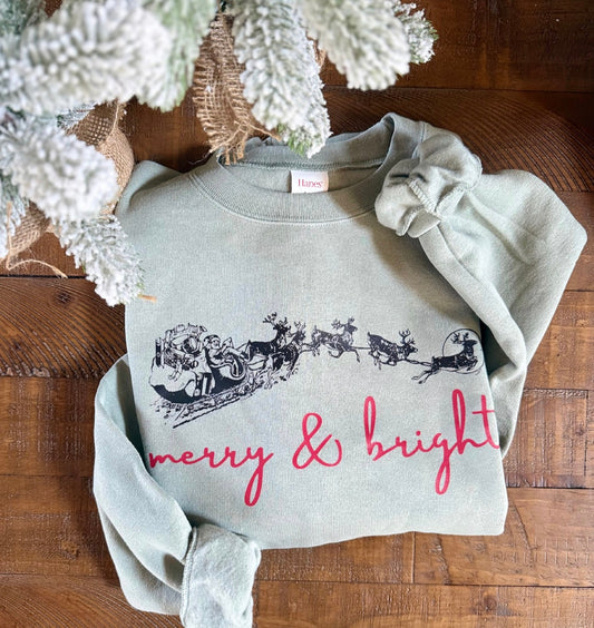 Merry & Bright Christmas Crewneck Sweatshirt | Vintage Santa Sleigh Sweatshirt | Neutral Holiday Crewneck