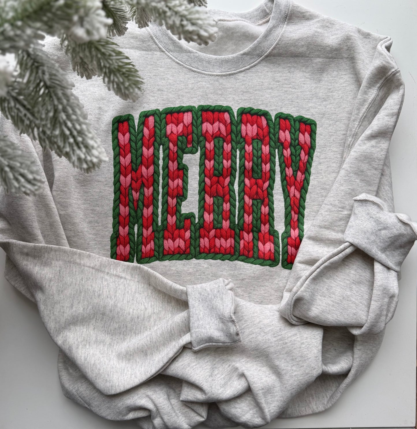 MERRY Christmas Crewneck | Knit Pattern Holiday Sweatshirt | Cozy Winter Pullover | Boutique Christmas Sweater | Red & Green Chunky Knit Design