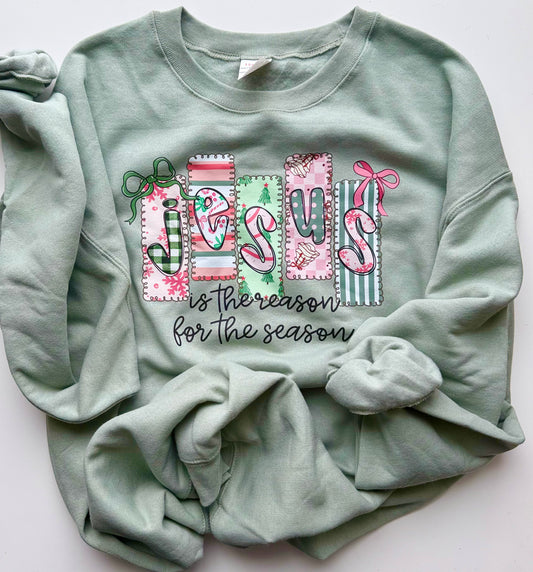Jesus Is the Reason for the Season Crewneck | Pastel Christmas Sweatshirt | Christian Holiday Sweater | Cute Christmas Pullover | Faith Winter Crewneck