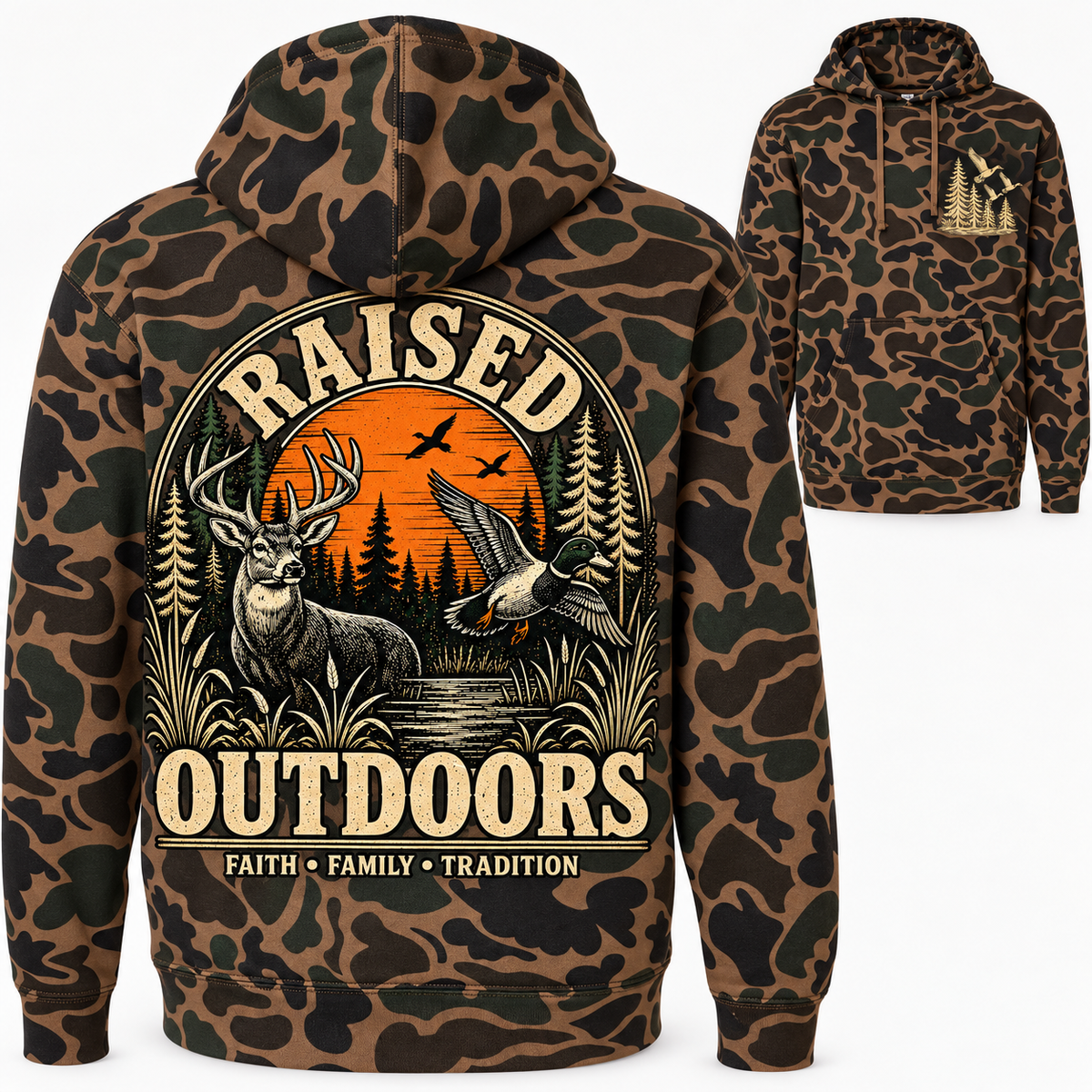 Raised Outdoors Hoodie | Vintage Hunting & Duck Camo Sweatshirt