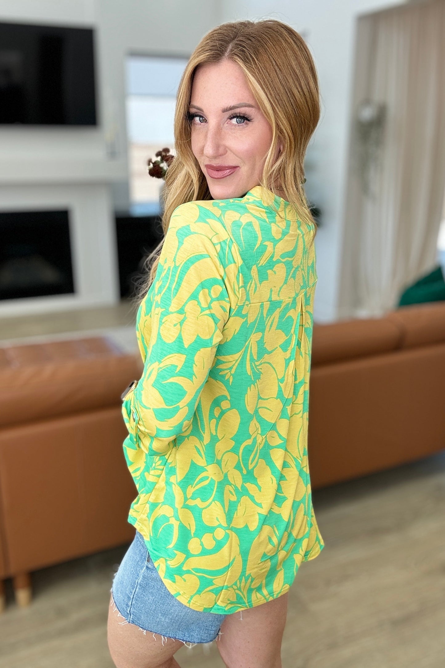 Lizzy Top in Kelly Green and Yellow Floral