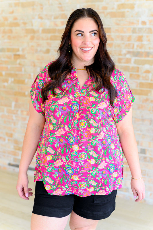 Lizzy Cap Sleeve Top in Fuchsia and Green Floral Paisley