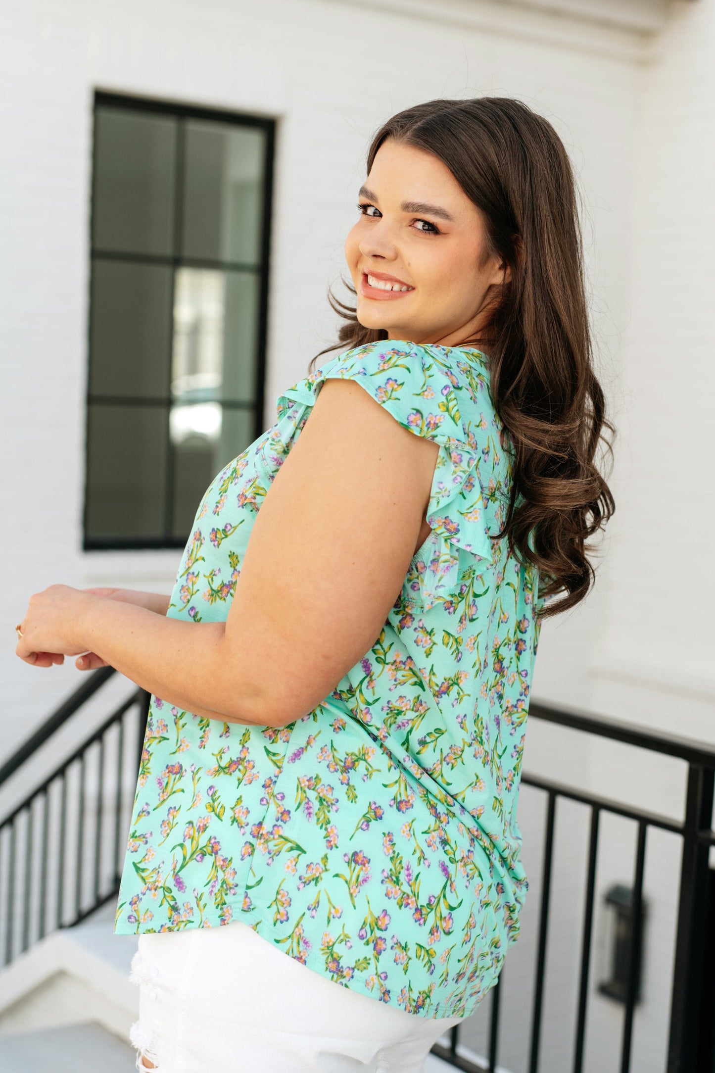 Lizzy Flutter Sleeve Top in Emerald English Rose