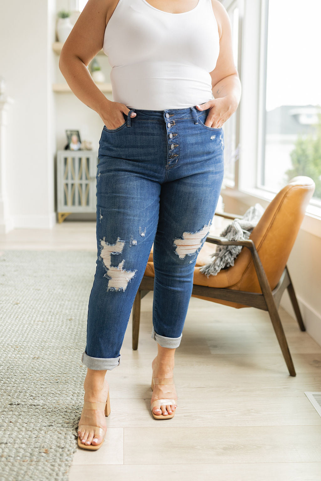 Judy Blue Colt High Rise Button Fly Distressed Boyfriend Jeans